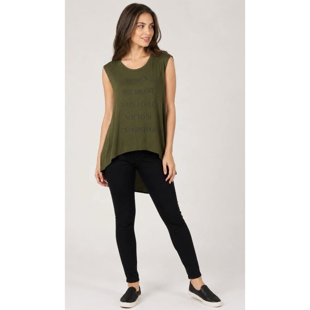 NWT Haute Hippie Top Graphic Top Olive Green Modal Cap Sleeve Lg Women Are Meant